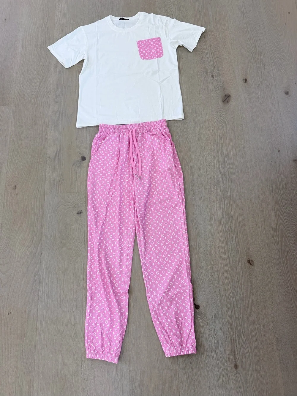 Women's Pink Patterned Lounge Set - White Top & Pink Pants size S